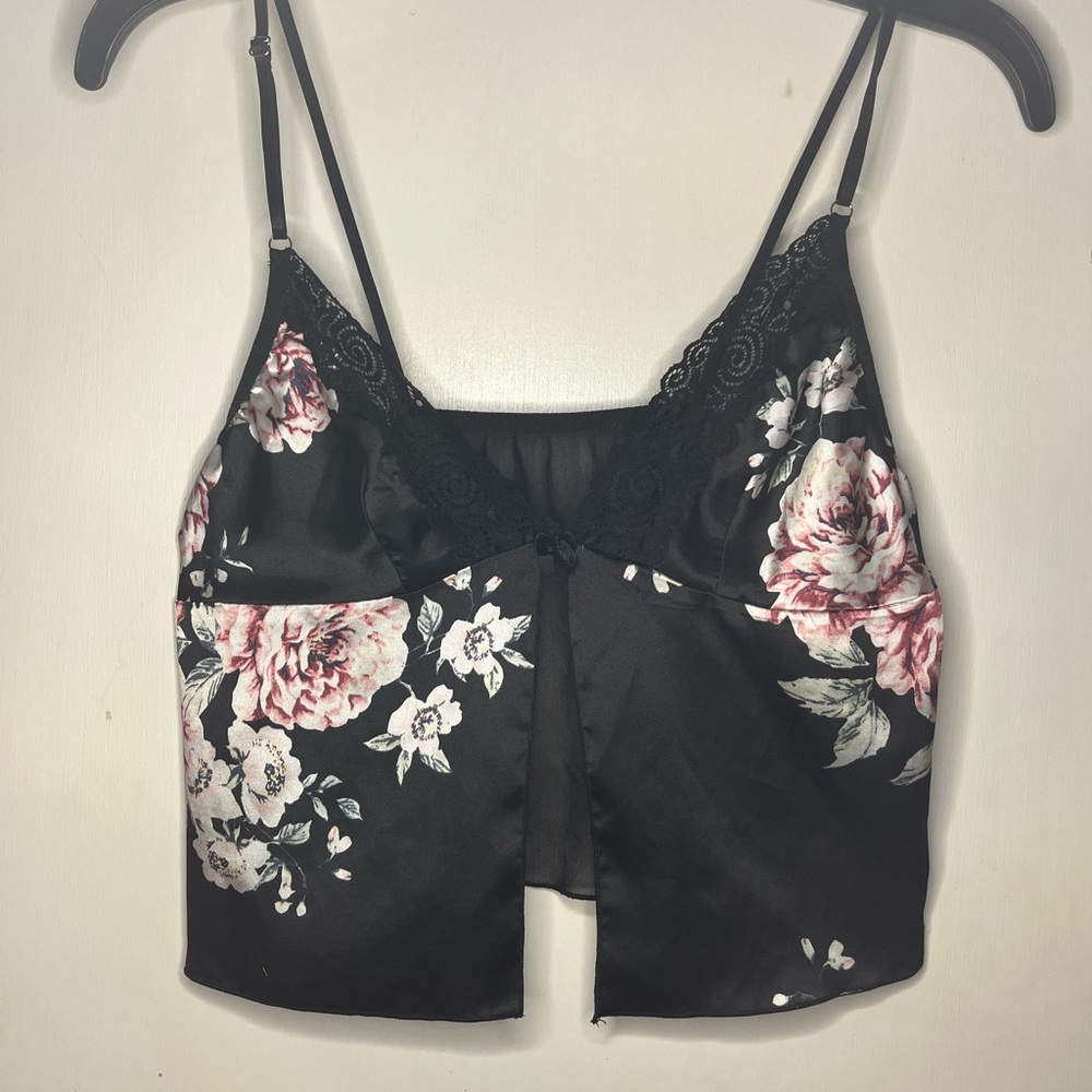 Hot Topic Black and Pink Floral Lace Tank Top
